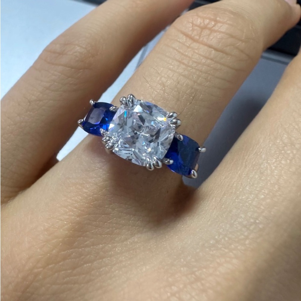 Italo Three Stone Cushion Cut Blue Topaz Engagement Ring - Picture 7 of 7